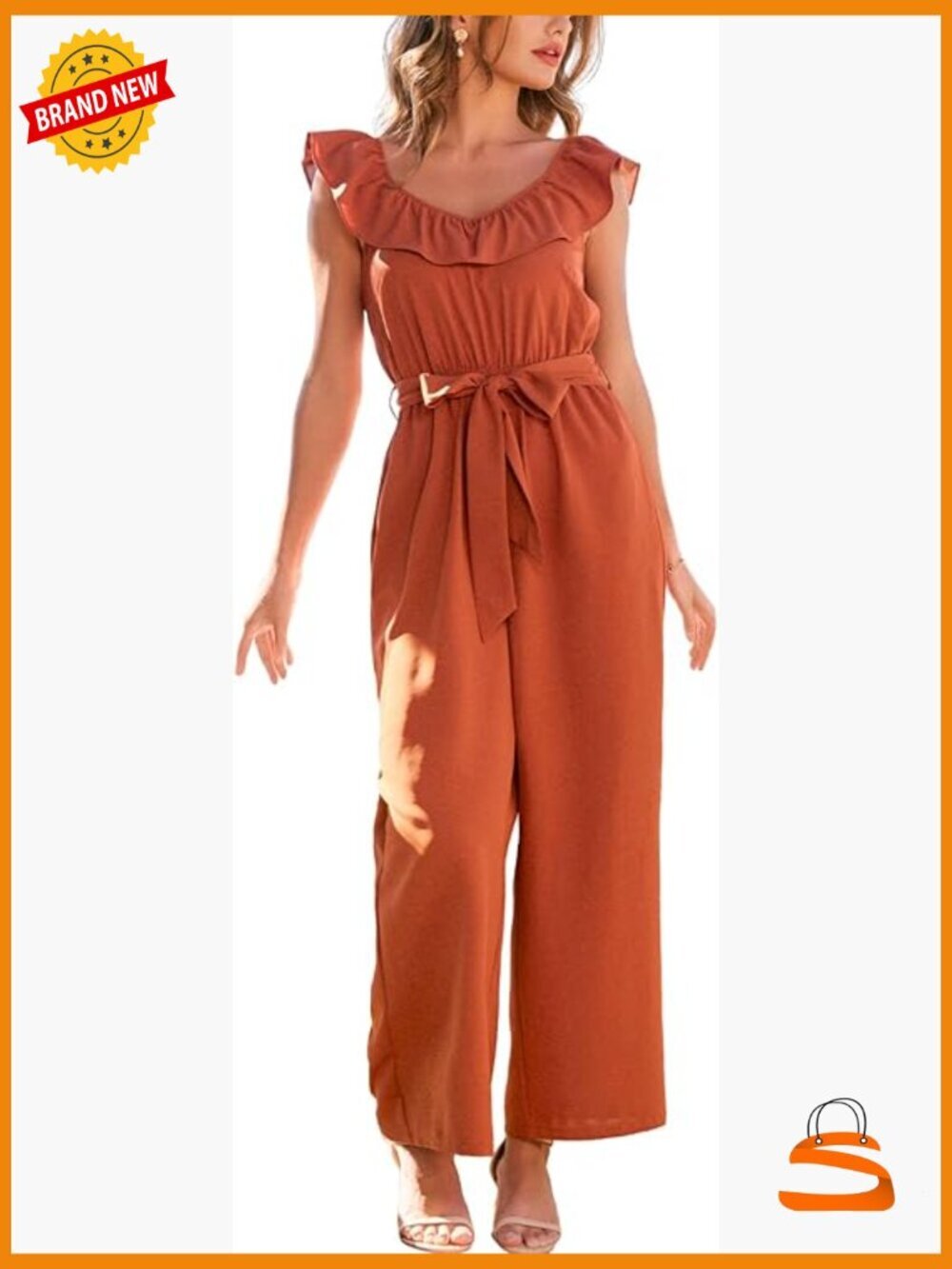 V Neck Ruffle Waist Tie Jumpsuit with Pockets Casual One Piece